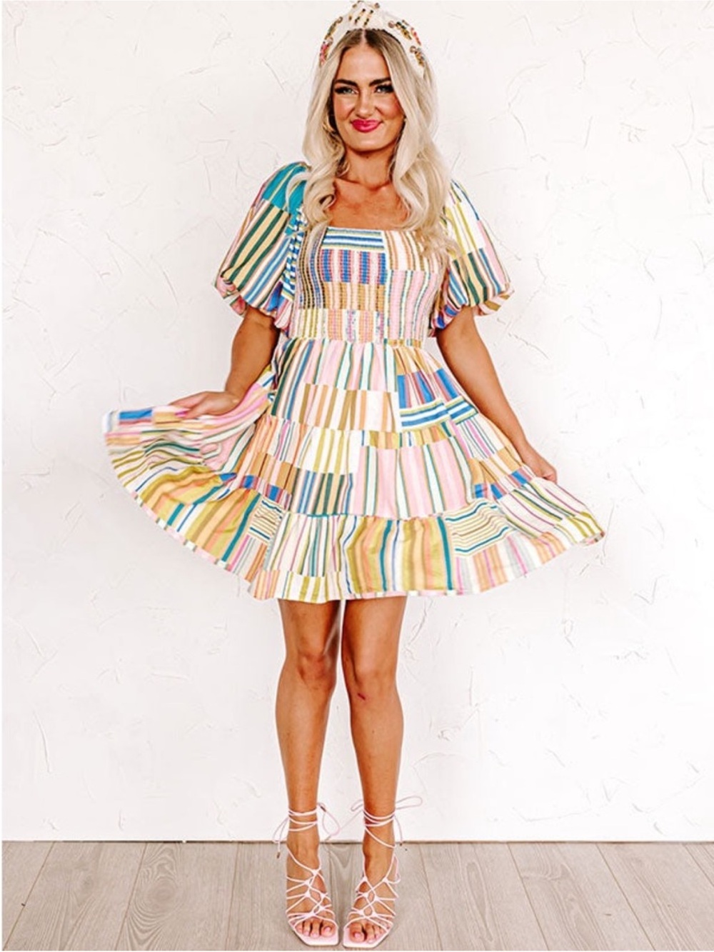 Entro Flirty Fiesta Patchwork Stripe Puff Sleeve Smocked Babydoll Dress M